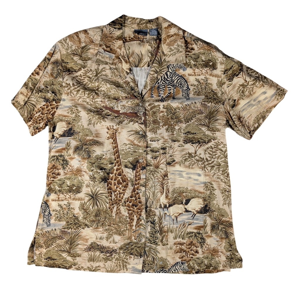 Lizwear Vintage Safari Animal Print Rayon Pearl‎ Snap Shirt Tan Brown Medium
